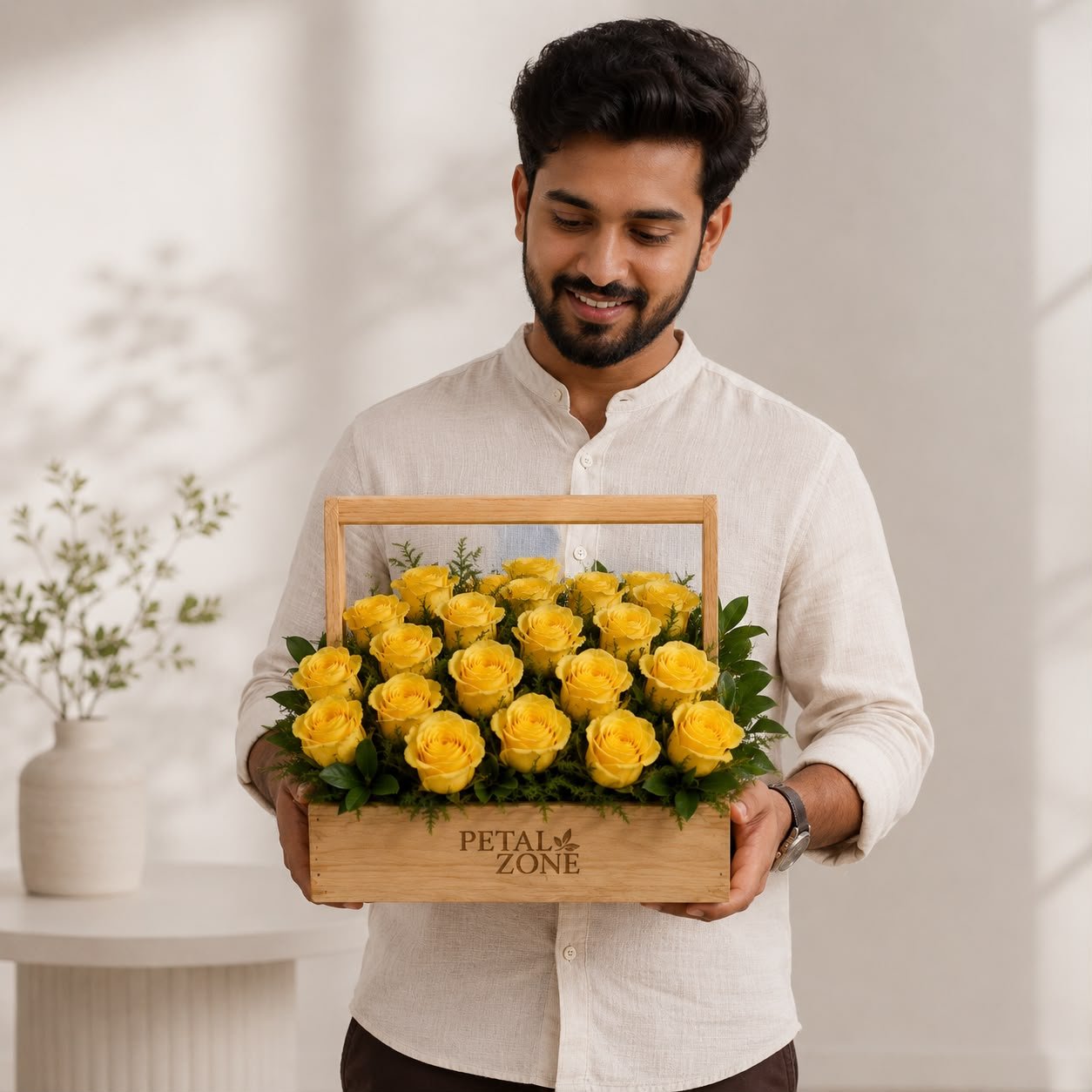 Eighteen Blooms of Sunshine – 18 Yellow Roses Wooden Tray 2