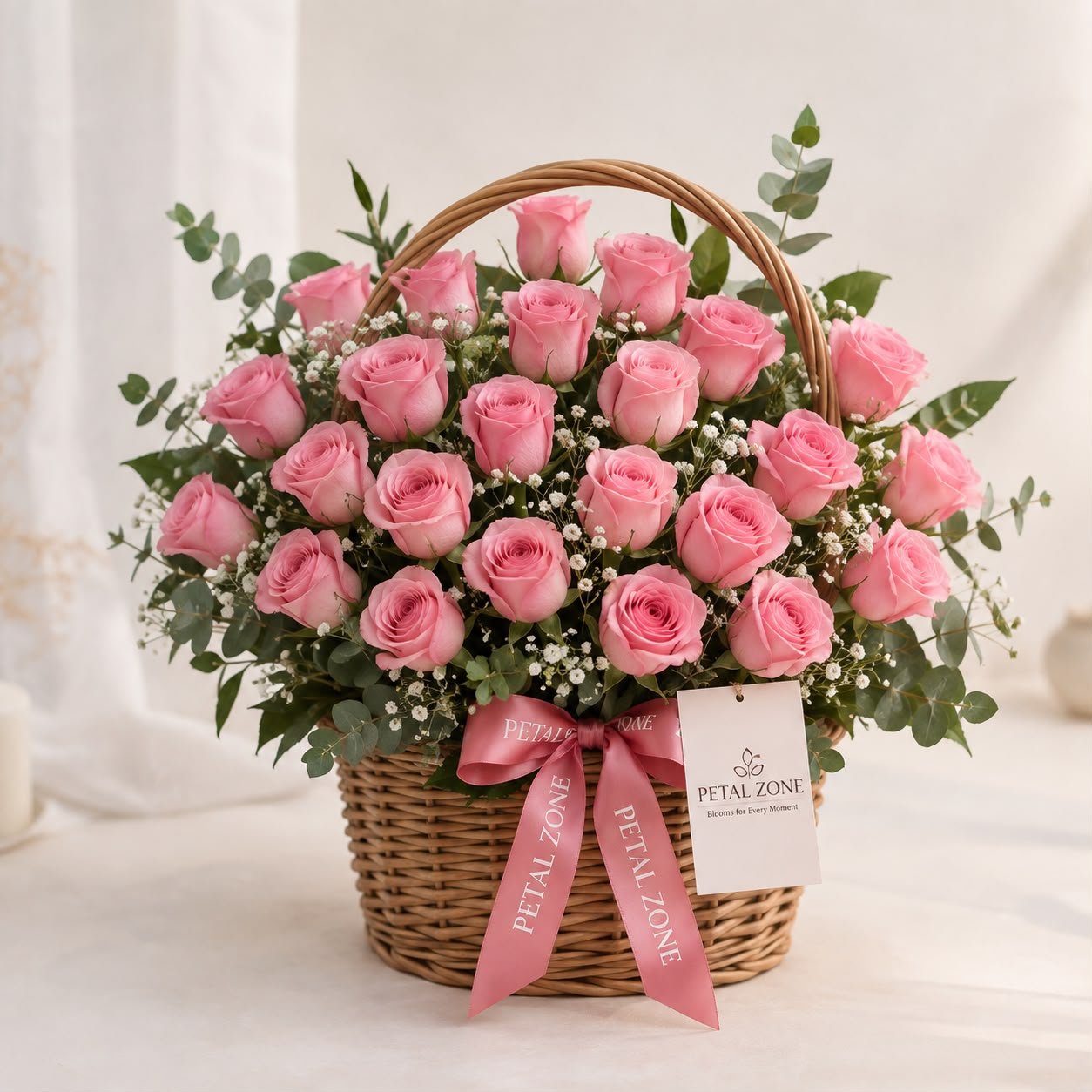 Elegant Fresh 25 Pink Roses Flower Basket Bouquet 3
