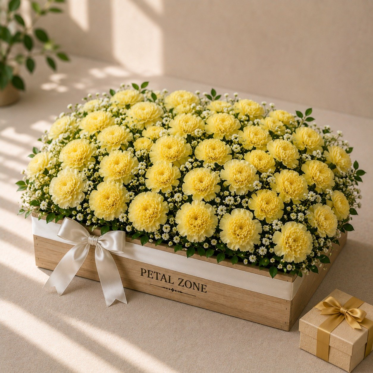 A Trayful of Sunshine – 50 Yellow Carnations Wooden Tray 2