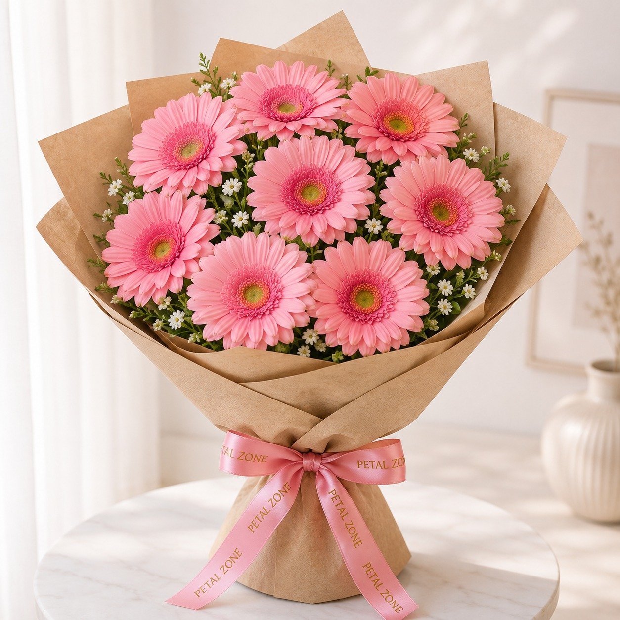 A Bouquet of Blush Happiness – 10 Pink Gerberas Flat Bouquet 2