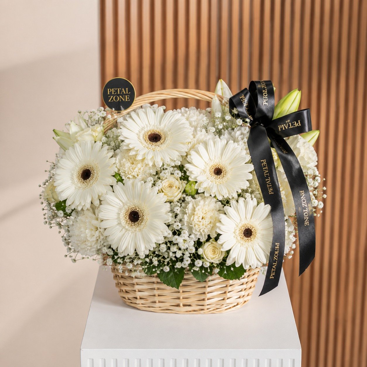 Petals of Pure Elegance – 5 White Gerberas Basket 2