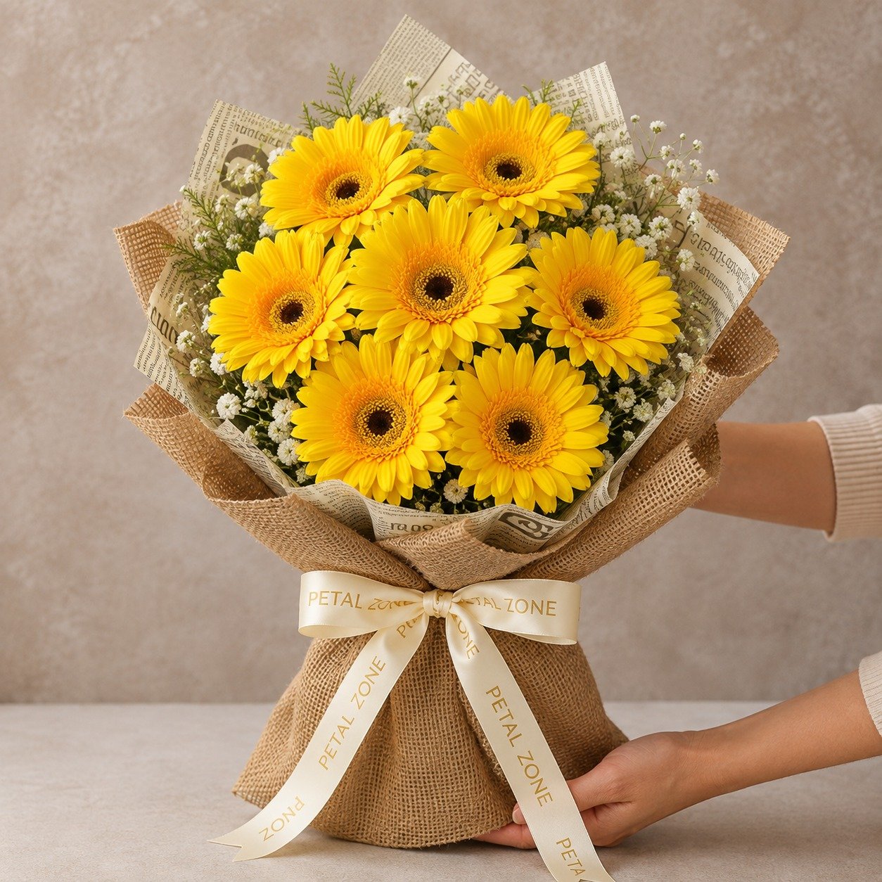 Seven Blooms of Happiness – 7 Yellow Gerberas Flat Bouquet 2