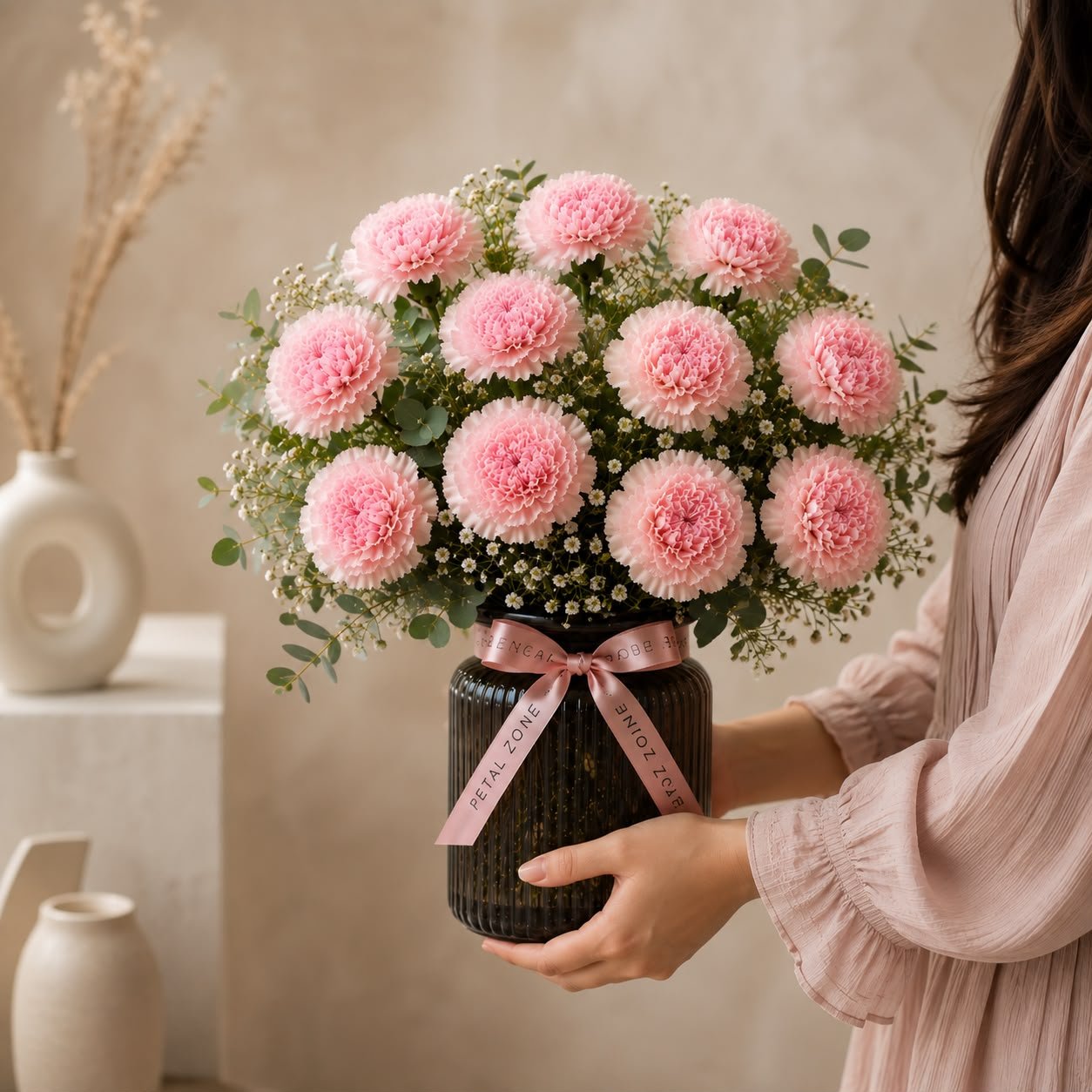 A Dozen Petals of Affection – 12 Pink Carnations Vase 2