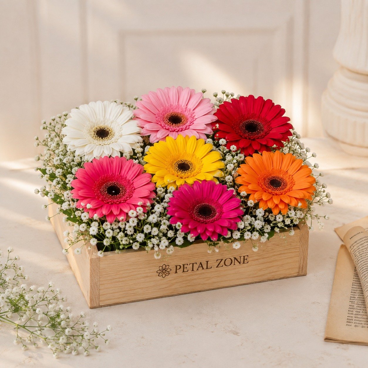 Rainbow Blooms of Happiness – 12 Multicolour Gerberas Wooden Tray 2