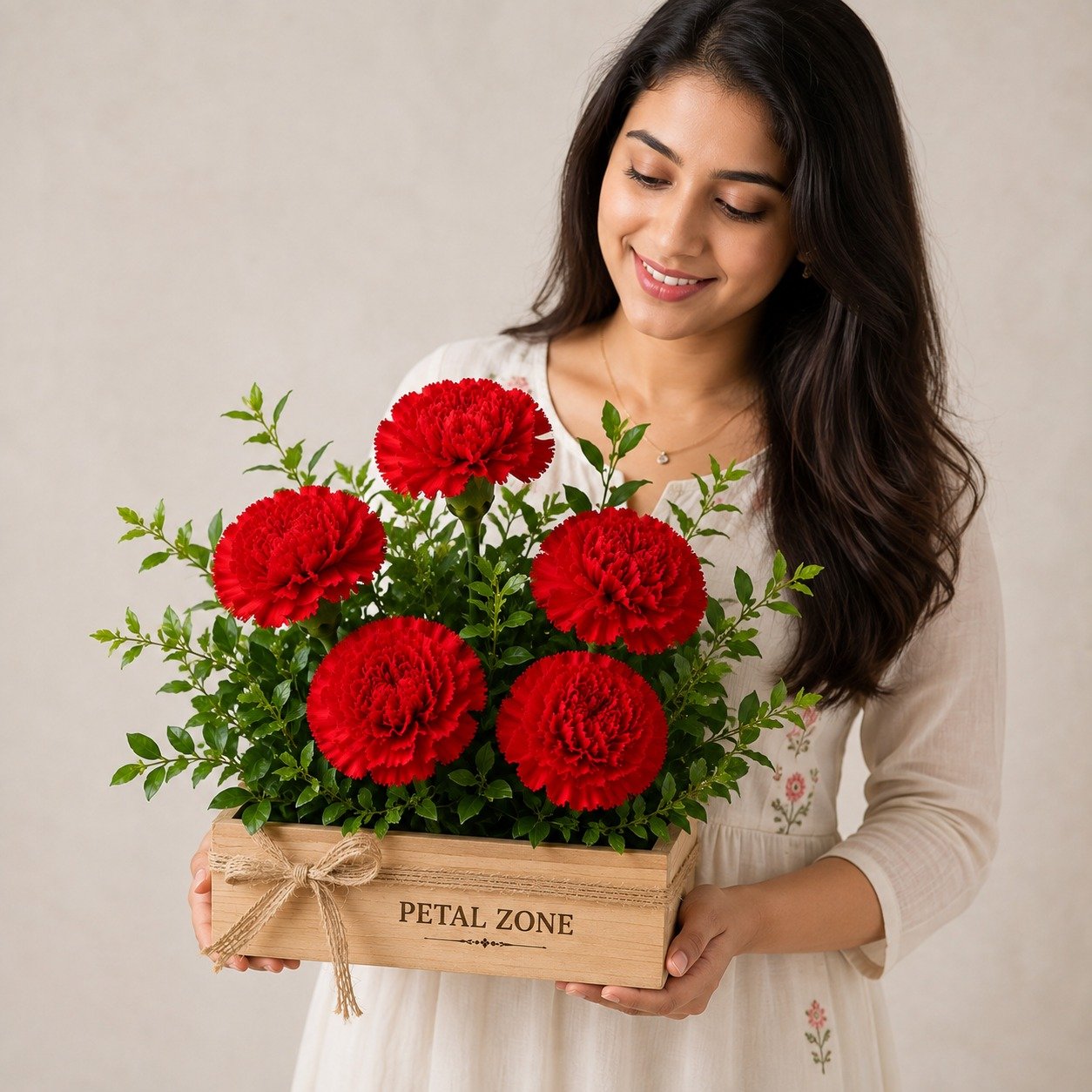 A Tray of Scarlet Affection – 5 Red Carnations Wooden Tray 2