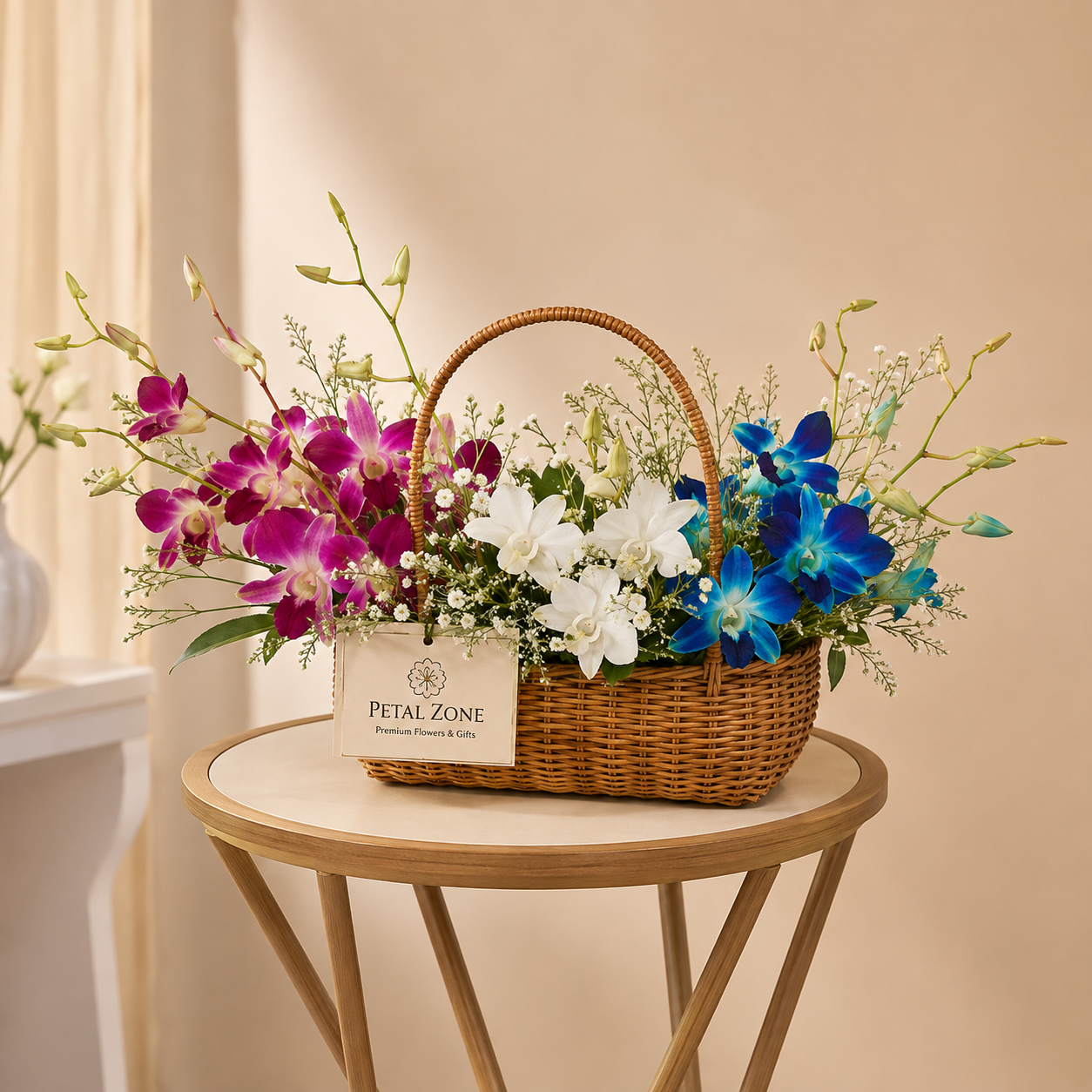 A Trio of Orchid Elegance – 9 Purple, White & Blue Orchids Basket 2