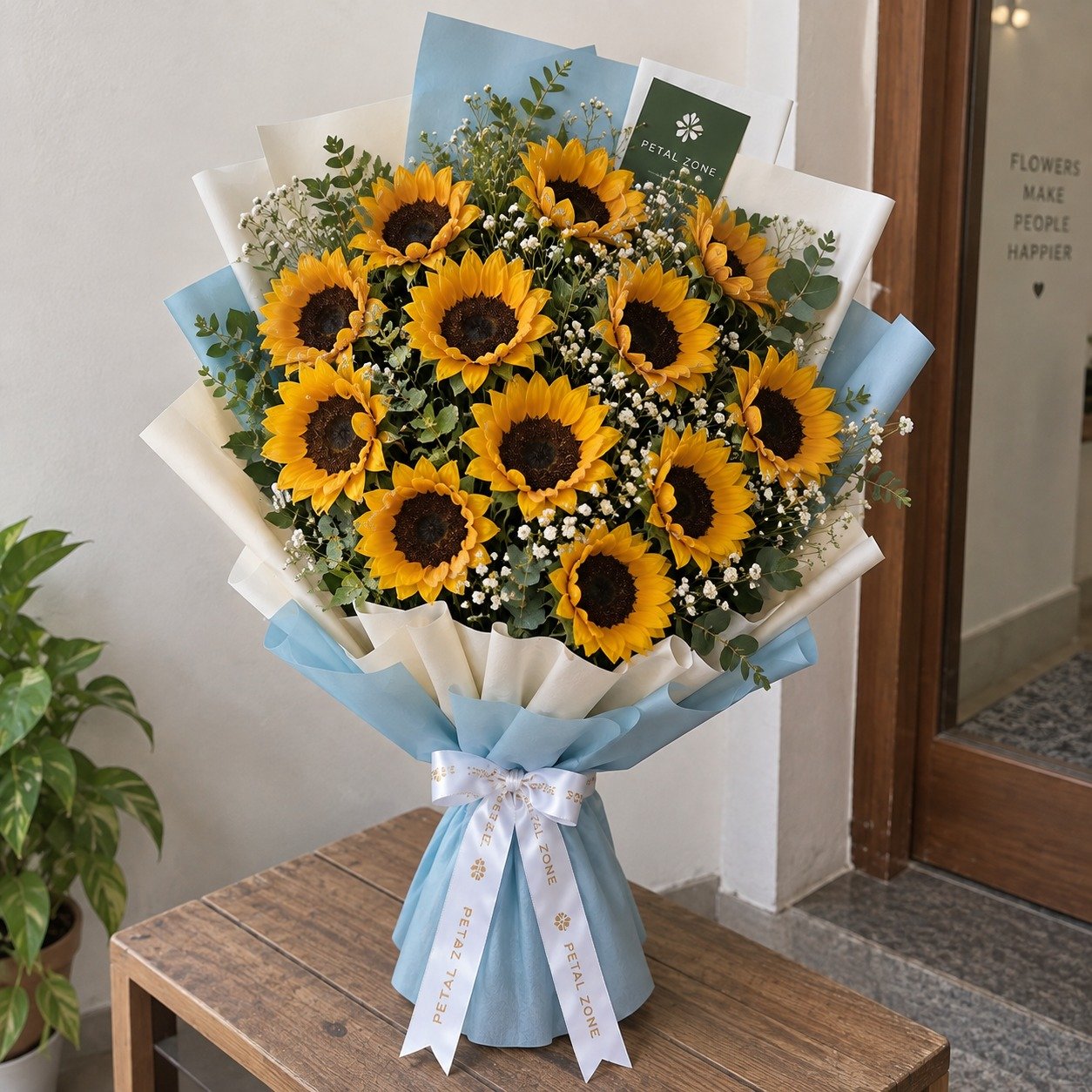 Sunshine Celebration – 12 Sunflower Flat Bouquet 2
