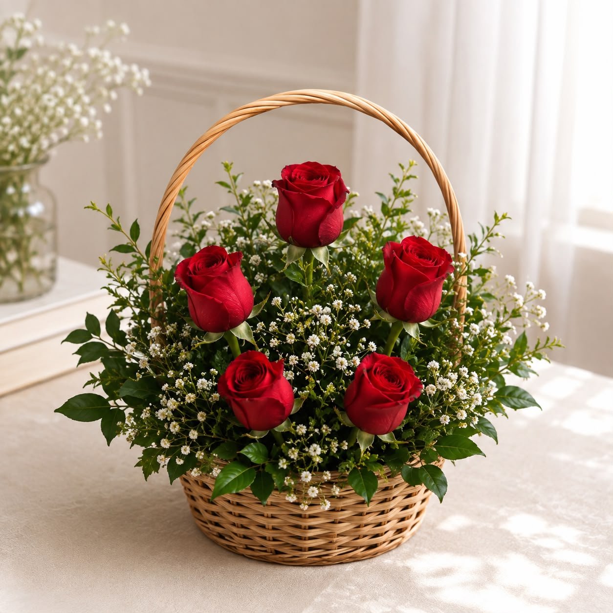 Elegant Fresh 5 Red Roses Flower Basket Bouquet 2