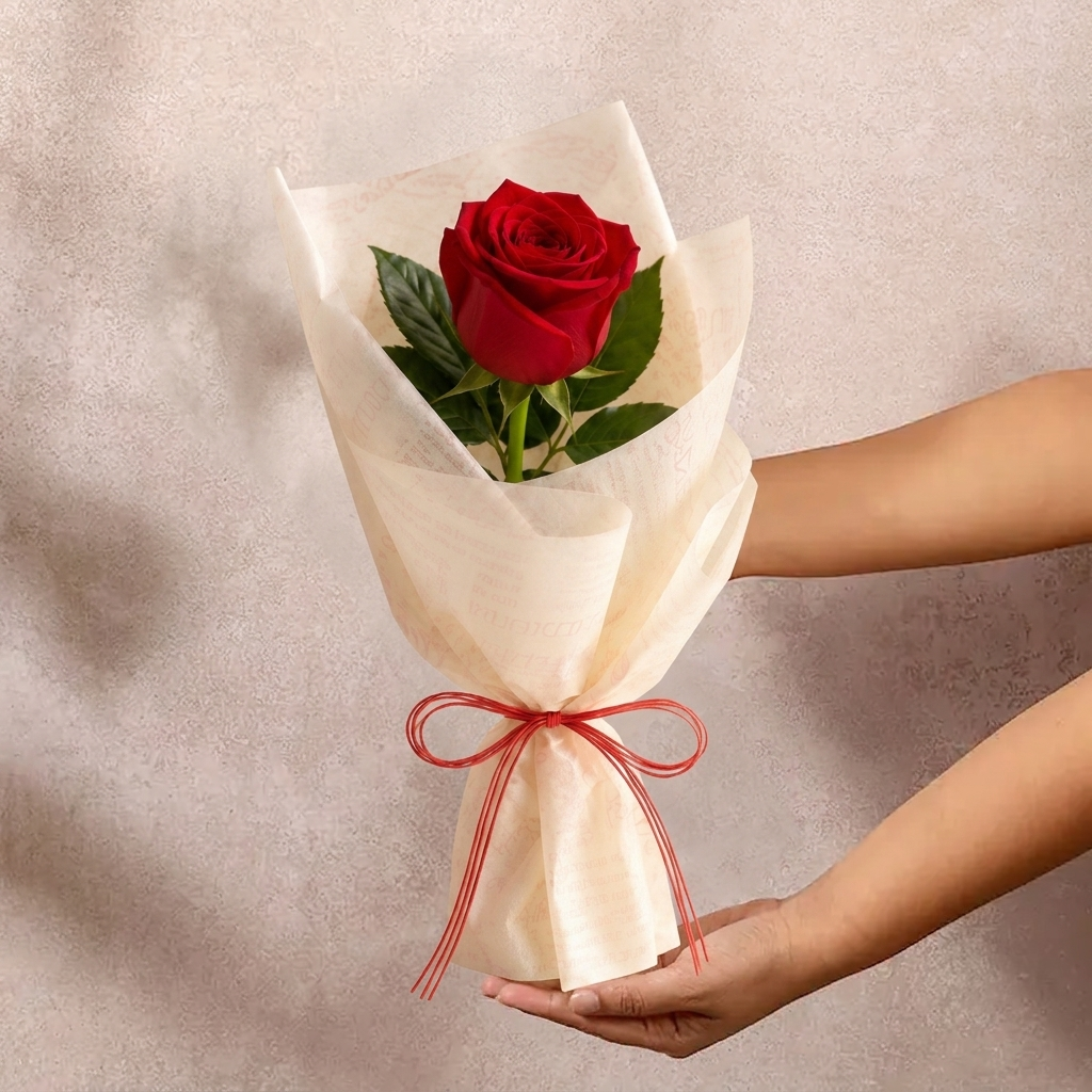 Elegant Fresh 1 Rose Flower Flat Bouquet 2