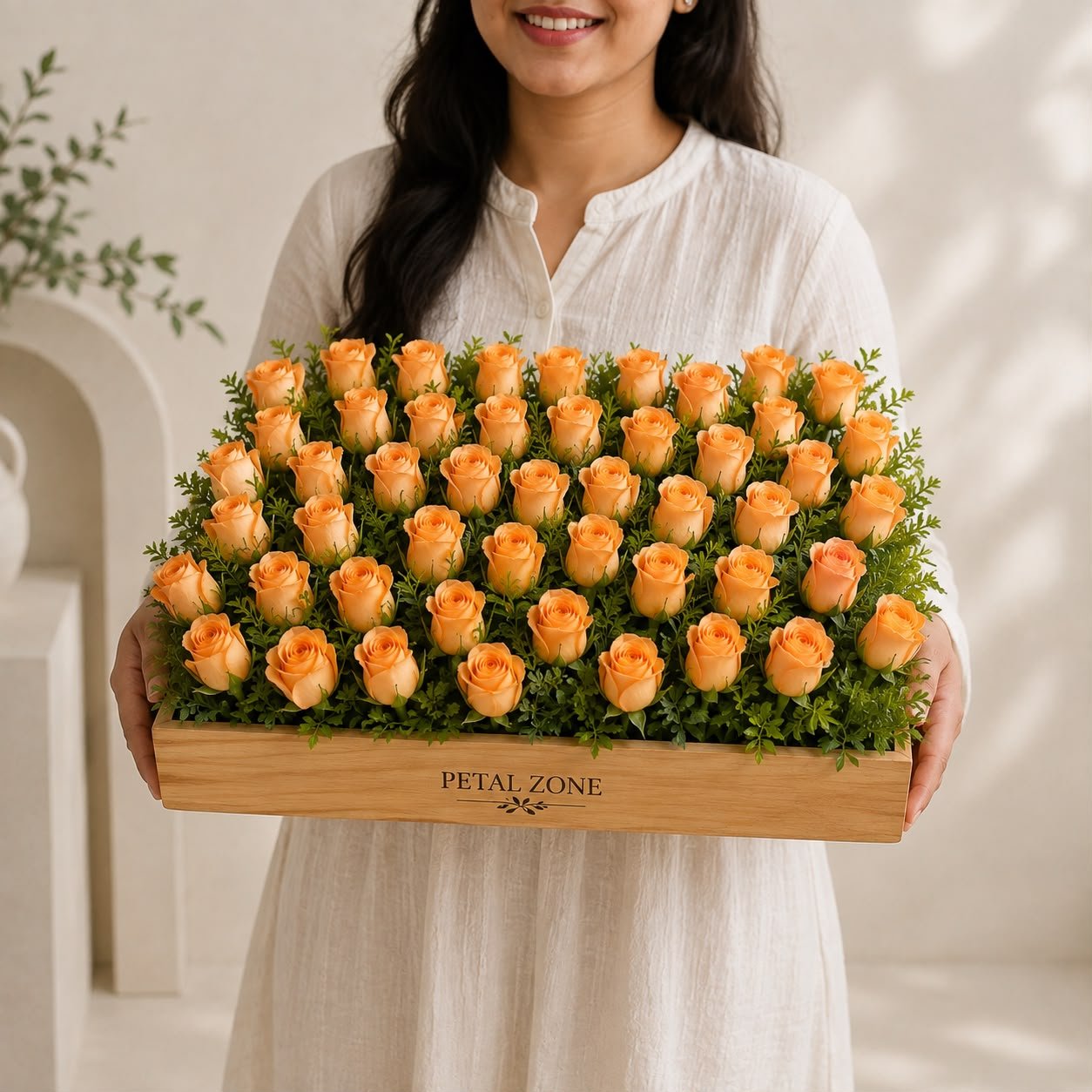 A Grand Tray of Golden Joy – 50 Orange Roses Wooden Tray 2