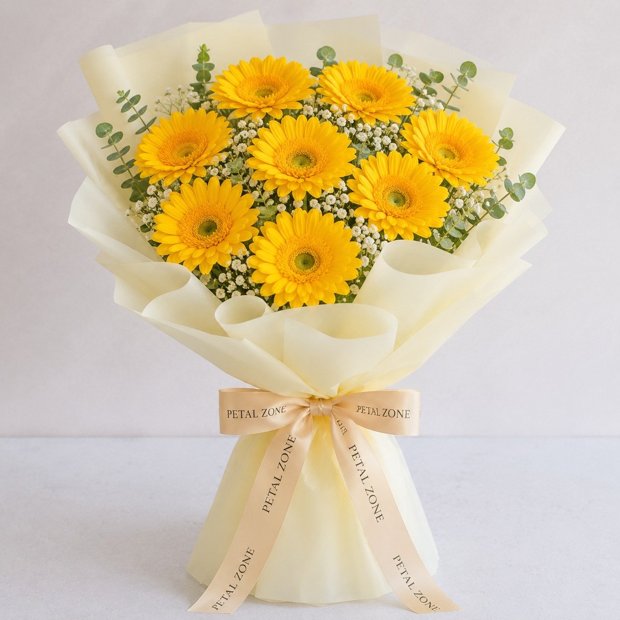 A Bouquet of Golden Cheer – 10 Yellow Gerberas Flat Bouquet 2