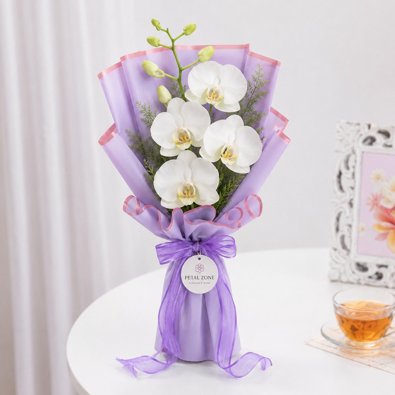 Petals of Pure Elegance – 5 White Orchids One-Sided Bouquet 2