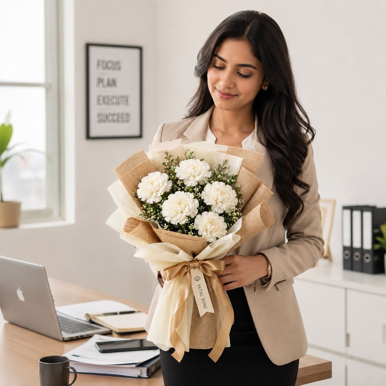 Soft Petals of Grace – 5 White Carnations Flat Bouquet 2