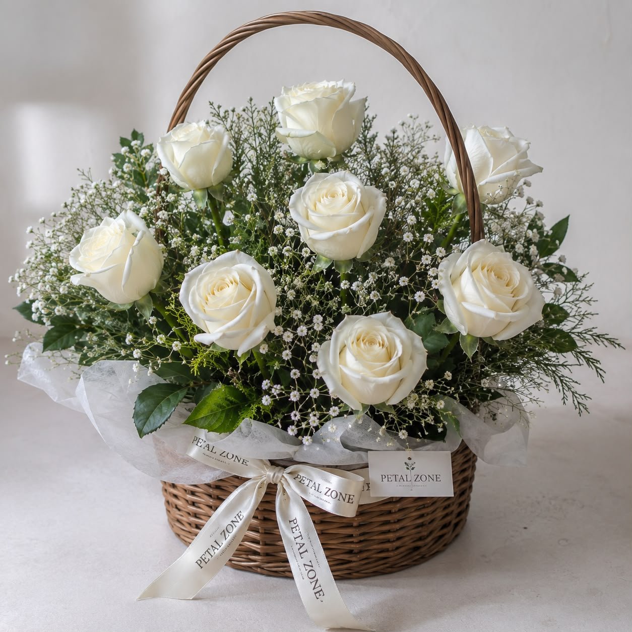 Elegant Fresh 8 White Roses Flower Basket Bouquet 3