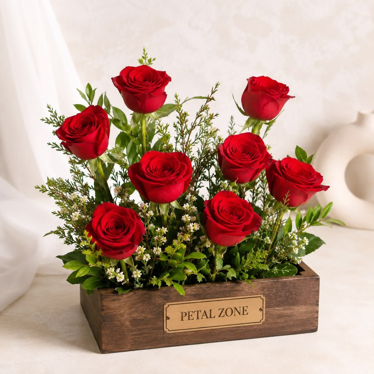 A Tray of Crimson Charm – 8 Red Roses Wooden Tray 2