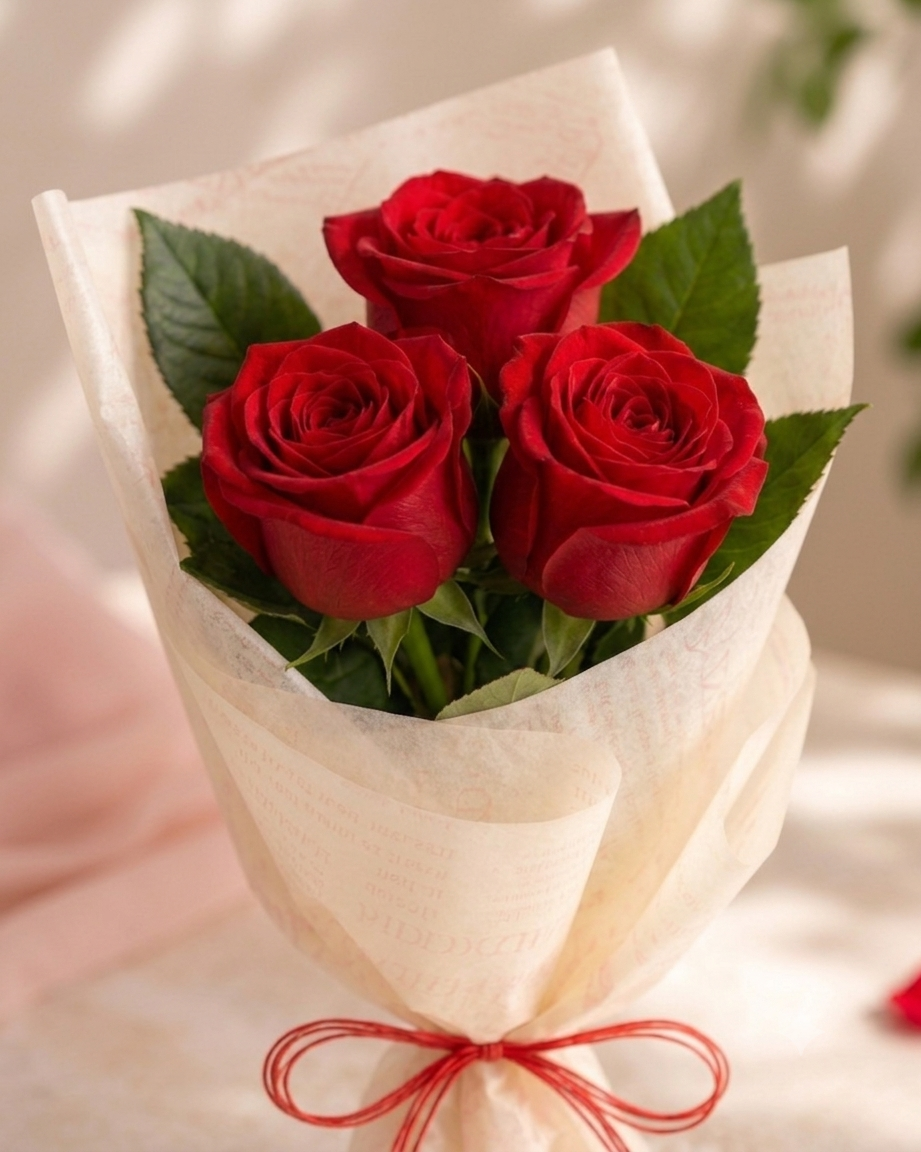 Elegant Fresh 3 Roses Flower Flat Bouquet 3