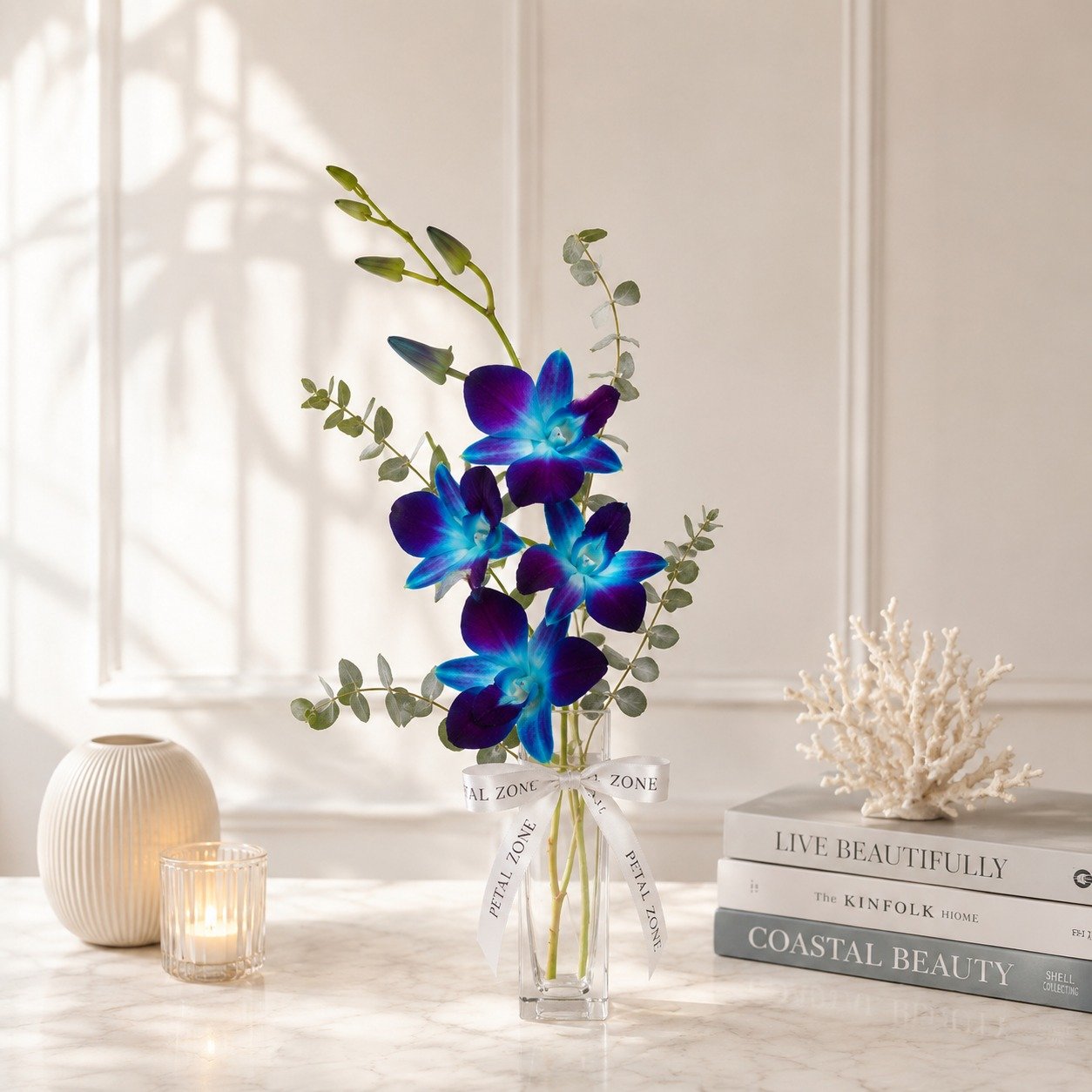 Whispers of Blue Elegance – 5 Blue Orchids Vase 2