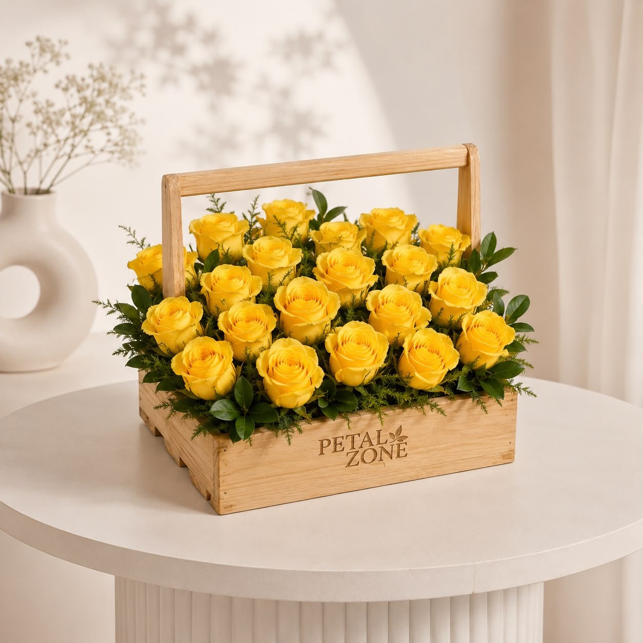 Eighteen Blooms of Sunshine – 18 Yellow Roses Wooden Tray 3