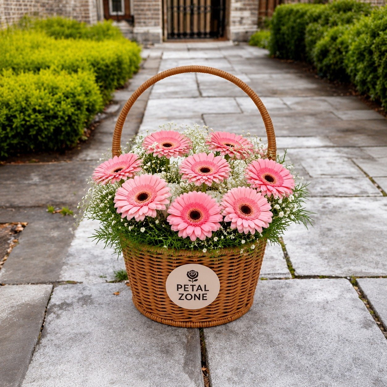 A Basket of Blush Happiness – 10 Pink Gerberas Basket 2