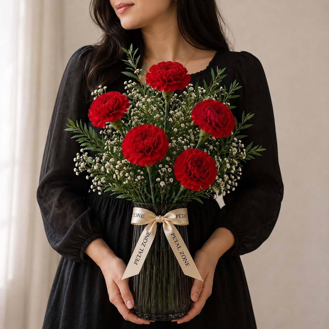 Crimson Petals of Love – 5 Red Carnations Vase 2
