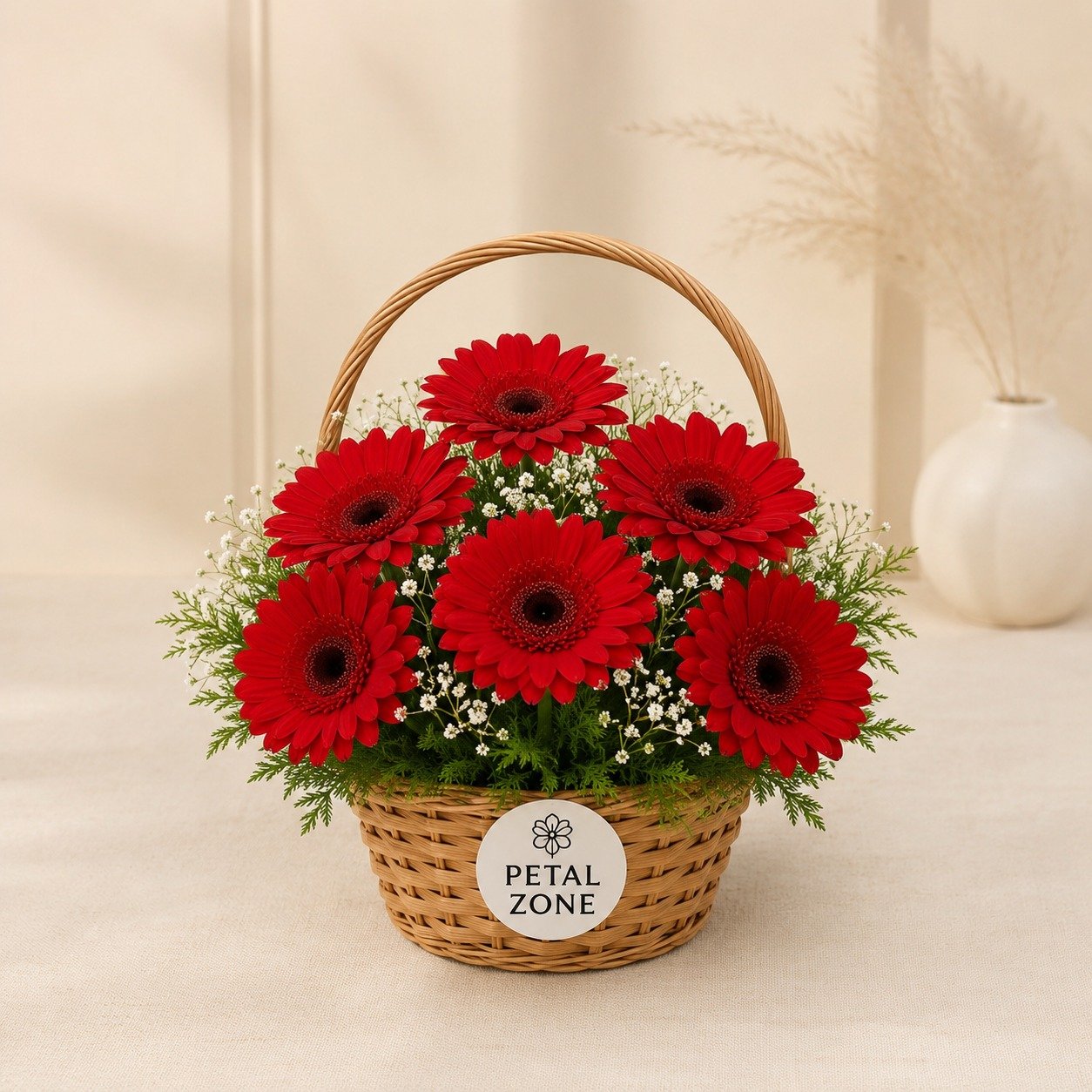 Seven Blooms of Crimson Love – 7 Red Gerberas Basket 2