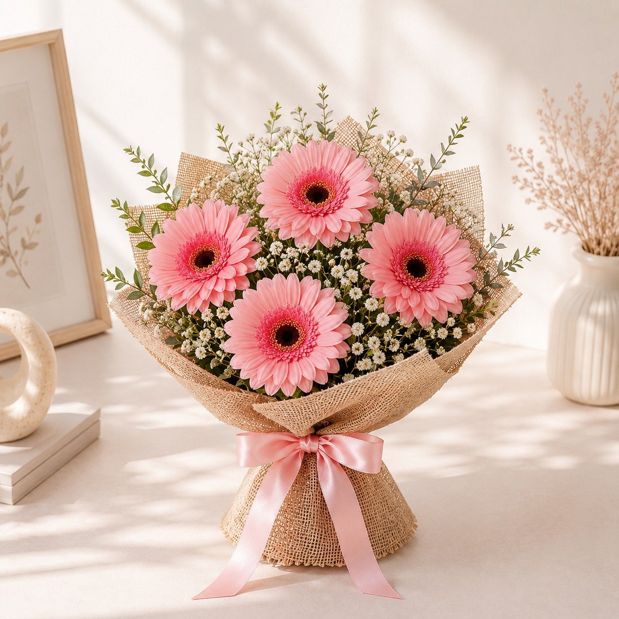 Blush Petals of Joy – 5 Pink Gerberas Flat Bouquet 2