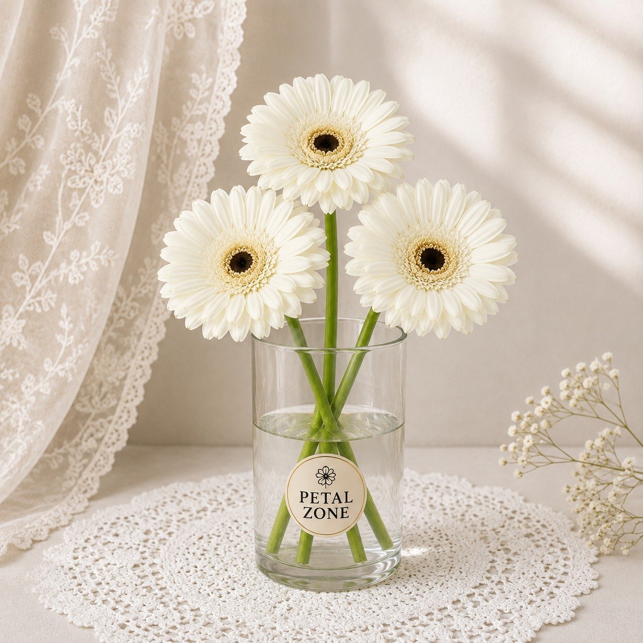 Three Blooms of Pure Grace – 3 White Gerberas Vase 2