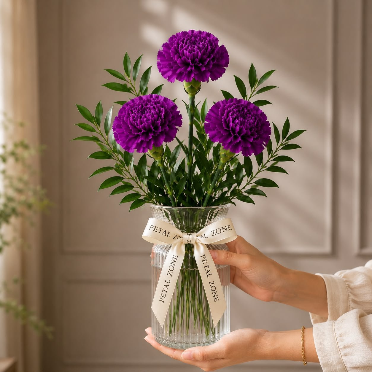 Three Blooms of Elegance – 3 Purple Carnations Vase 2