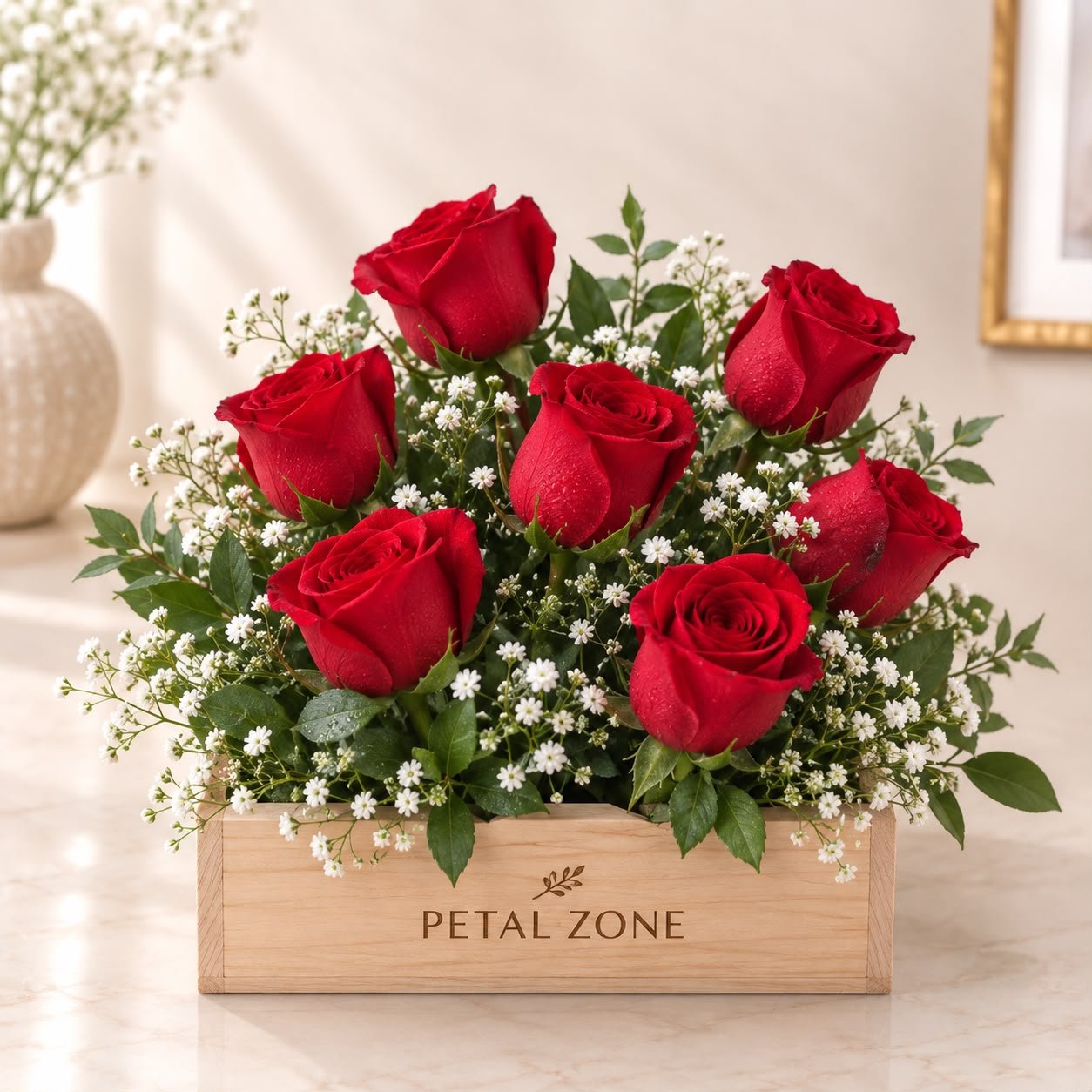 A Tray of Crimson Charm – 8 Red Roses Wooden Tray 3