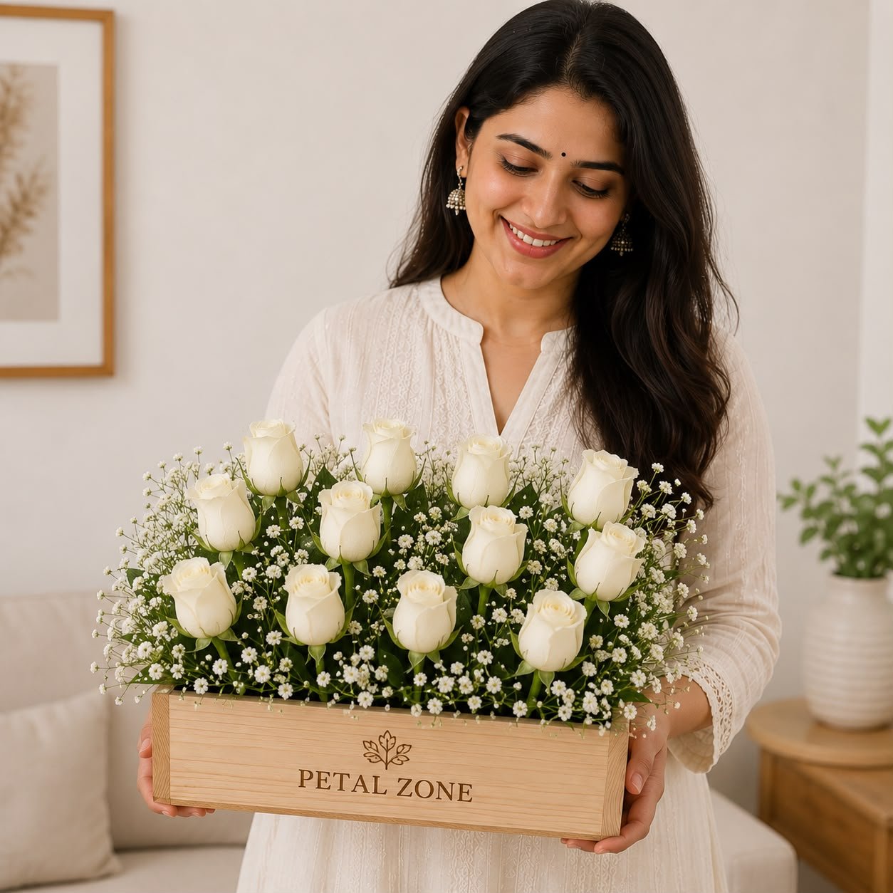 A Dozen Moments of Grace – 12 White Roses Wooden Tray 2