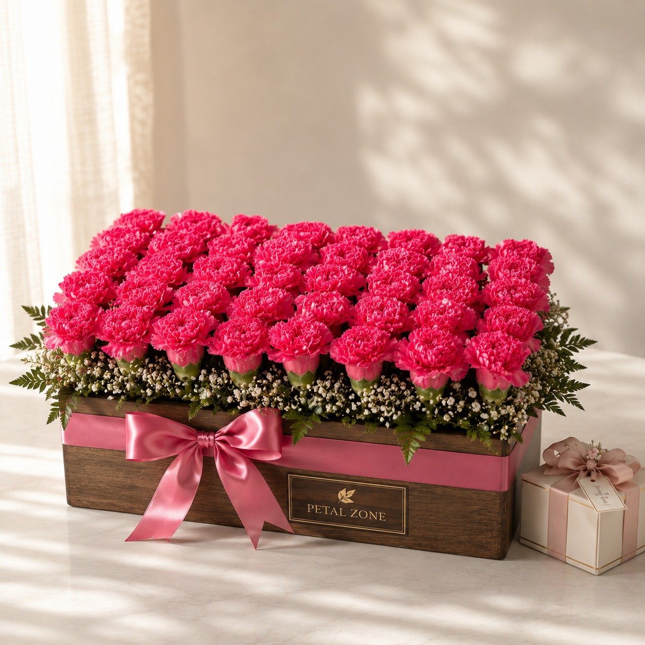 A Hundred & One Blooms of Passion – 101 Dark Pink Carnations Wooden Tray 2