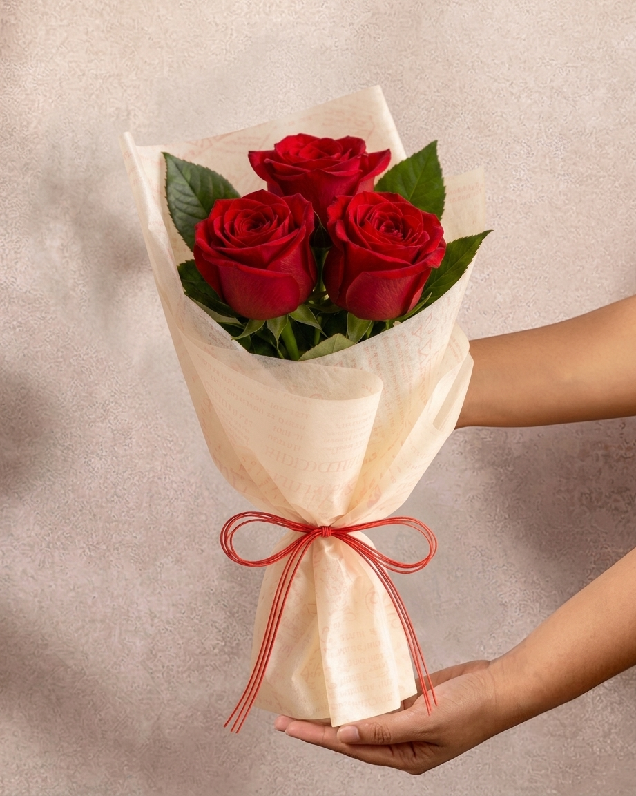 Elegant Fresh 3 Roses Flower Flat Bouquet 2