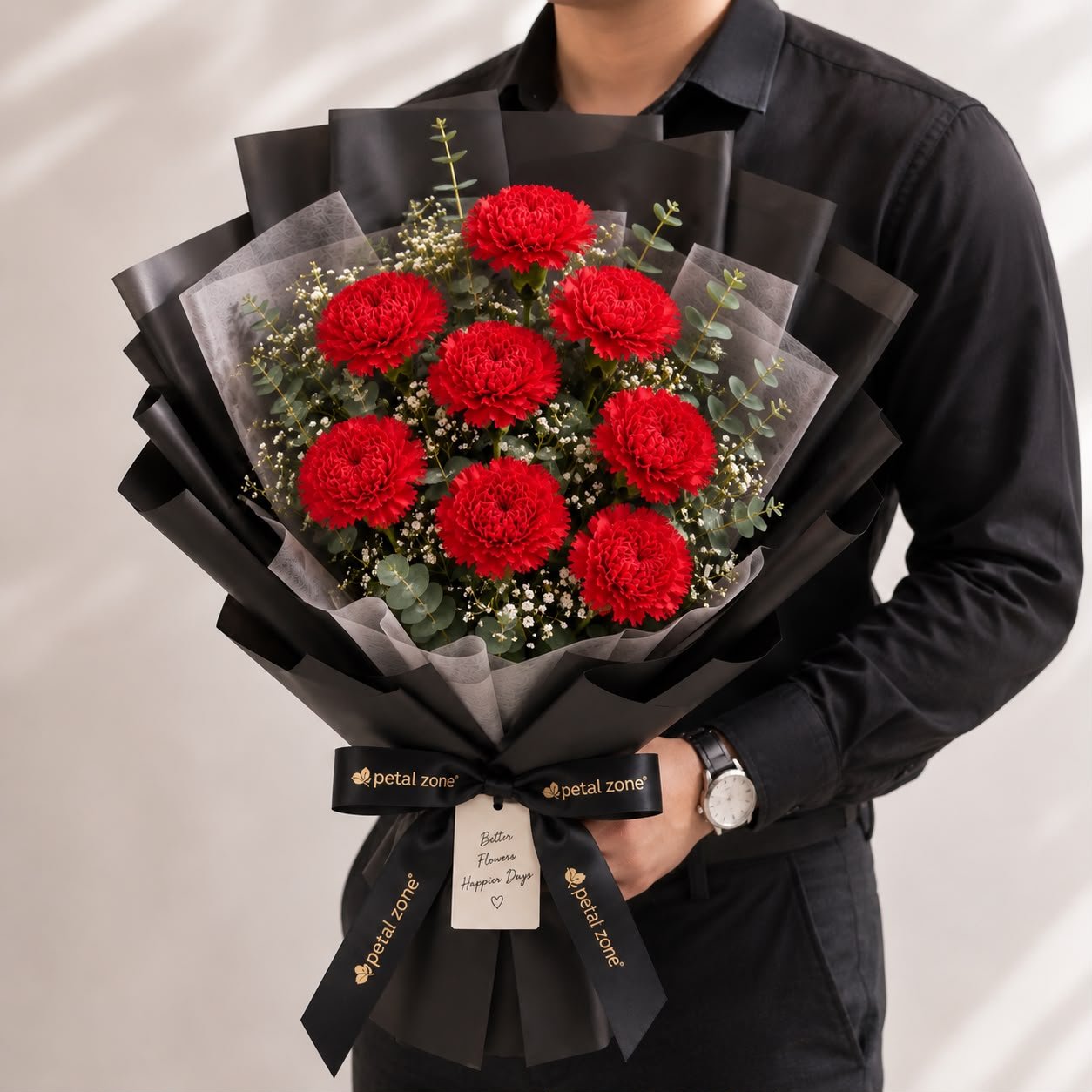 Crimson Charm in Bloom – 8 Red Carnations Flat Bouquet 2