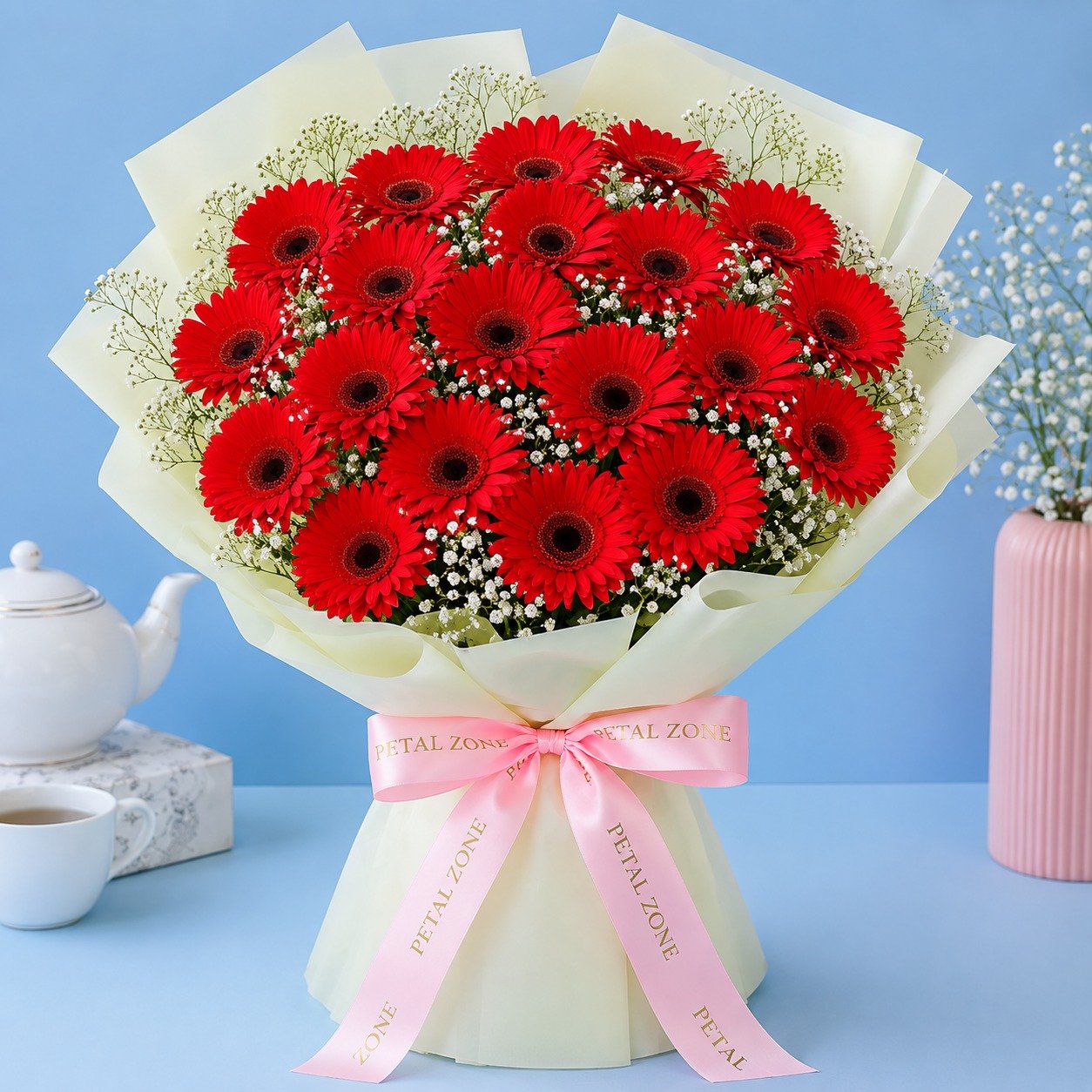 A Cascade of Scarlet Love – 20 Red Gerberas Flat Bouquet 2