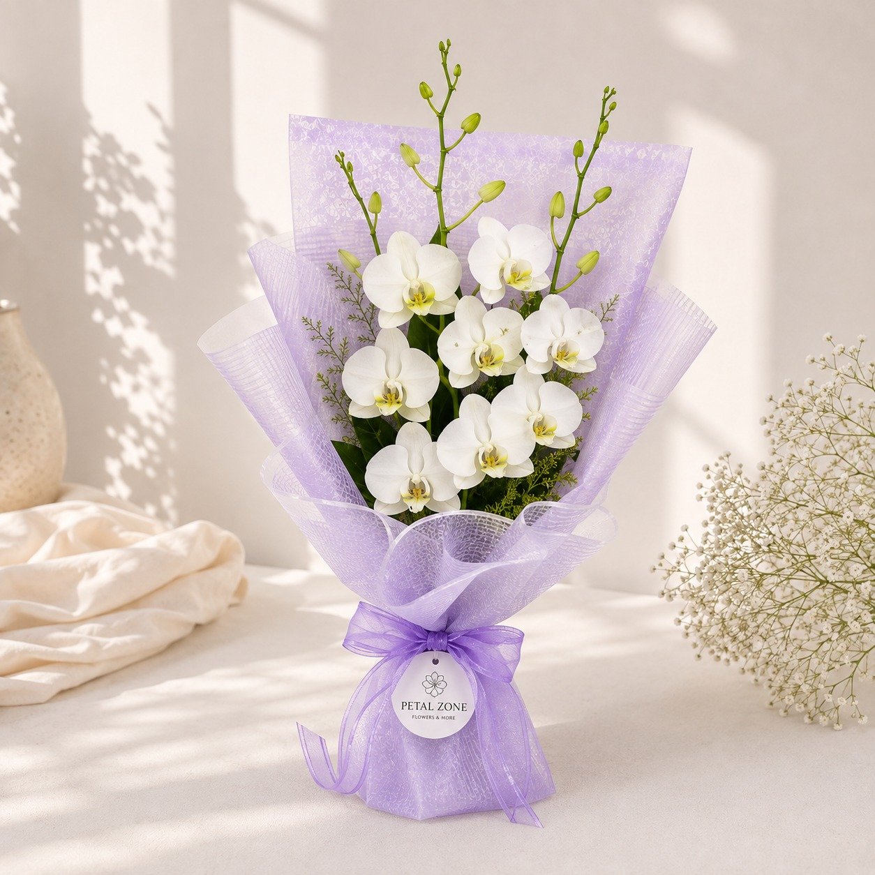 A Cascade of Ivory Grace – 10 White Orchids One-Sided Bouquet 2