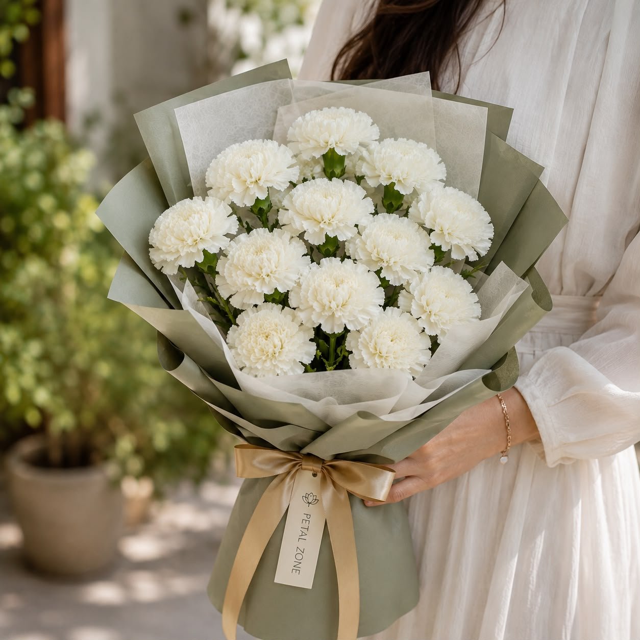 A Dozen Petals of Peace – 12 White Carnations Flat Bouquet 2