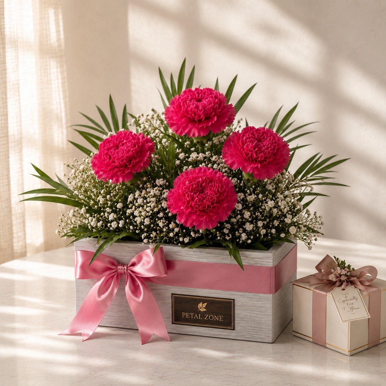 Velvet Affection on Wood – 5 Dark Pink Carnations Wooden Tray 2