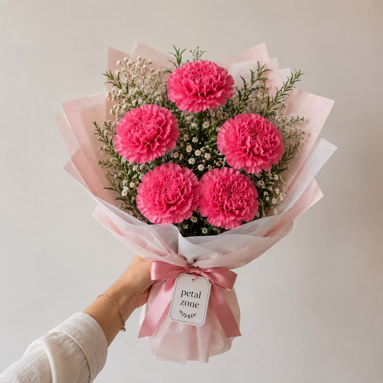Rich Petals of Affection – 5 Dark Pink Carnations Flat Bouquet 2
