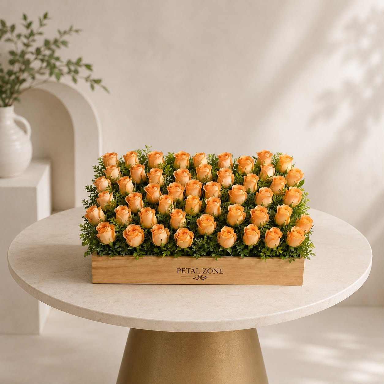 A Grand Tray of Golden Joy – 50 Orange Roses Wooden Tray 3