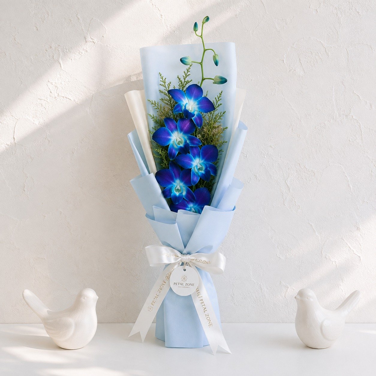 Whispers of Blue Elegance – 5 Blue Orchids One-Sided Bouquet 2