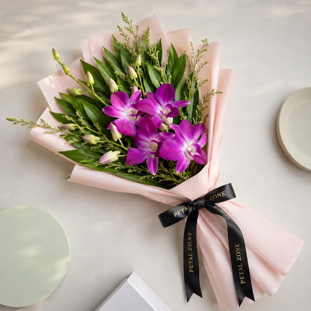 Petals of Royal Charm – 5 Purple Orchids One-Sided Bouquet 2