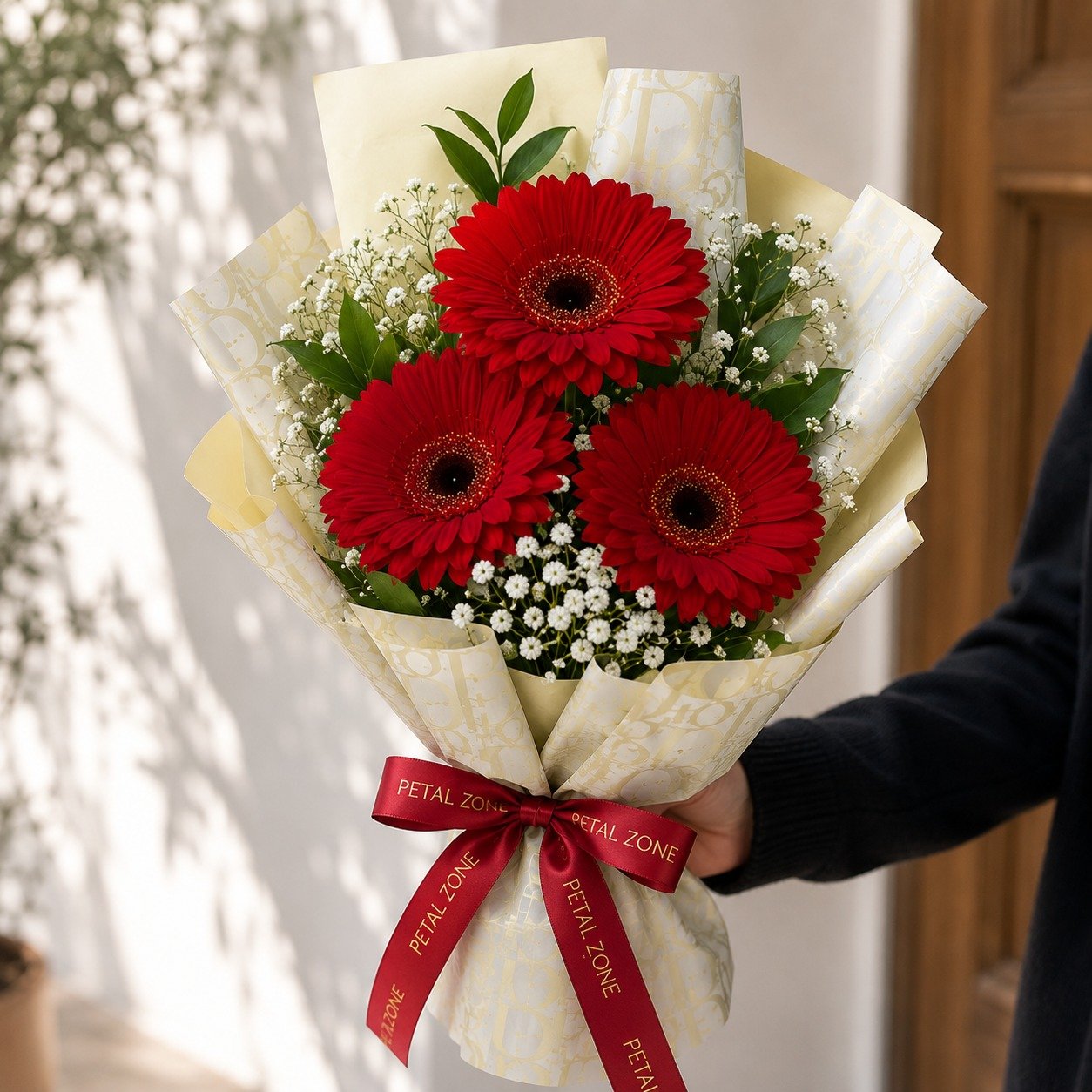 Three Blooms of Passion – 3 Red Gerberas Flat Bouquet 2