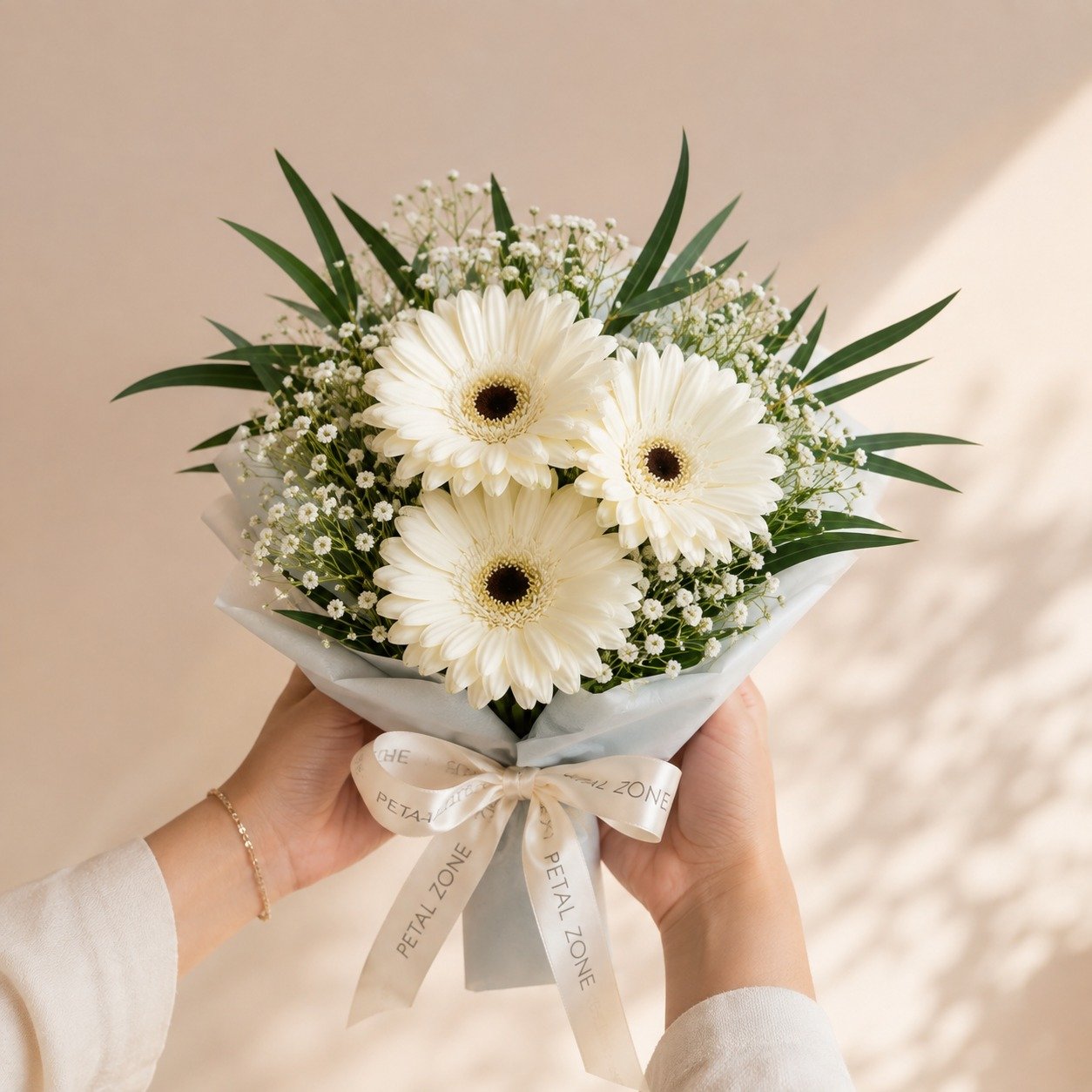 Three Petals of Purity – 3 White Gerberas Flat Bouquet 2