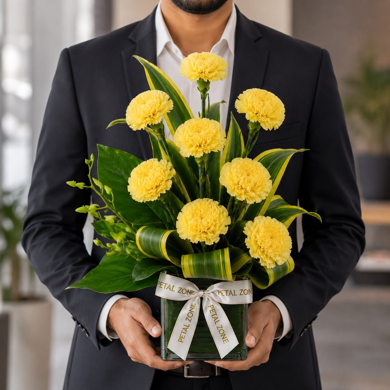 Golden Cheer in Bloom – 8 Yellow Carnations Vase 2