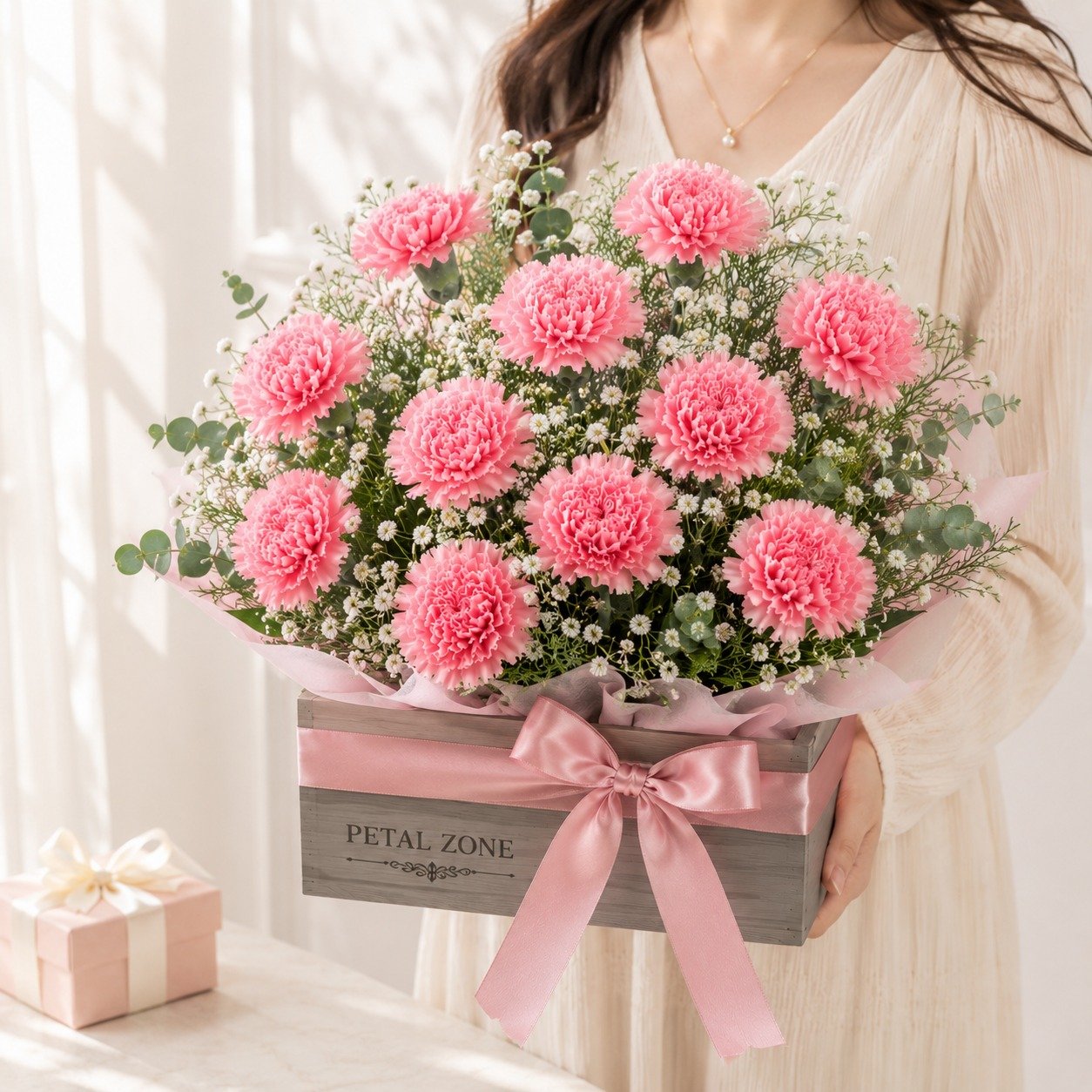 A Dozen Petals of Affection – 12 Pink Carnations Wooden Tray 2