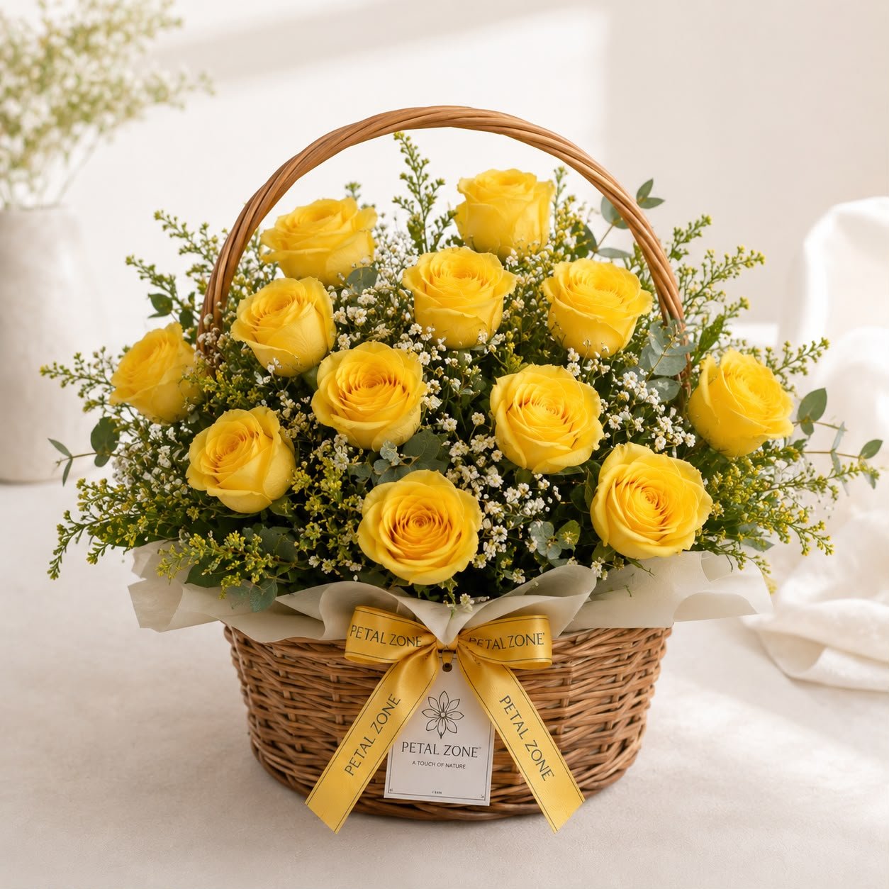 Elegant Fresh 12 Yellow Roses Flower Basket Bouquet 2