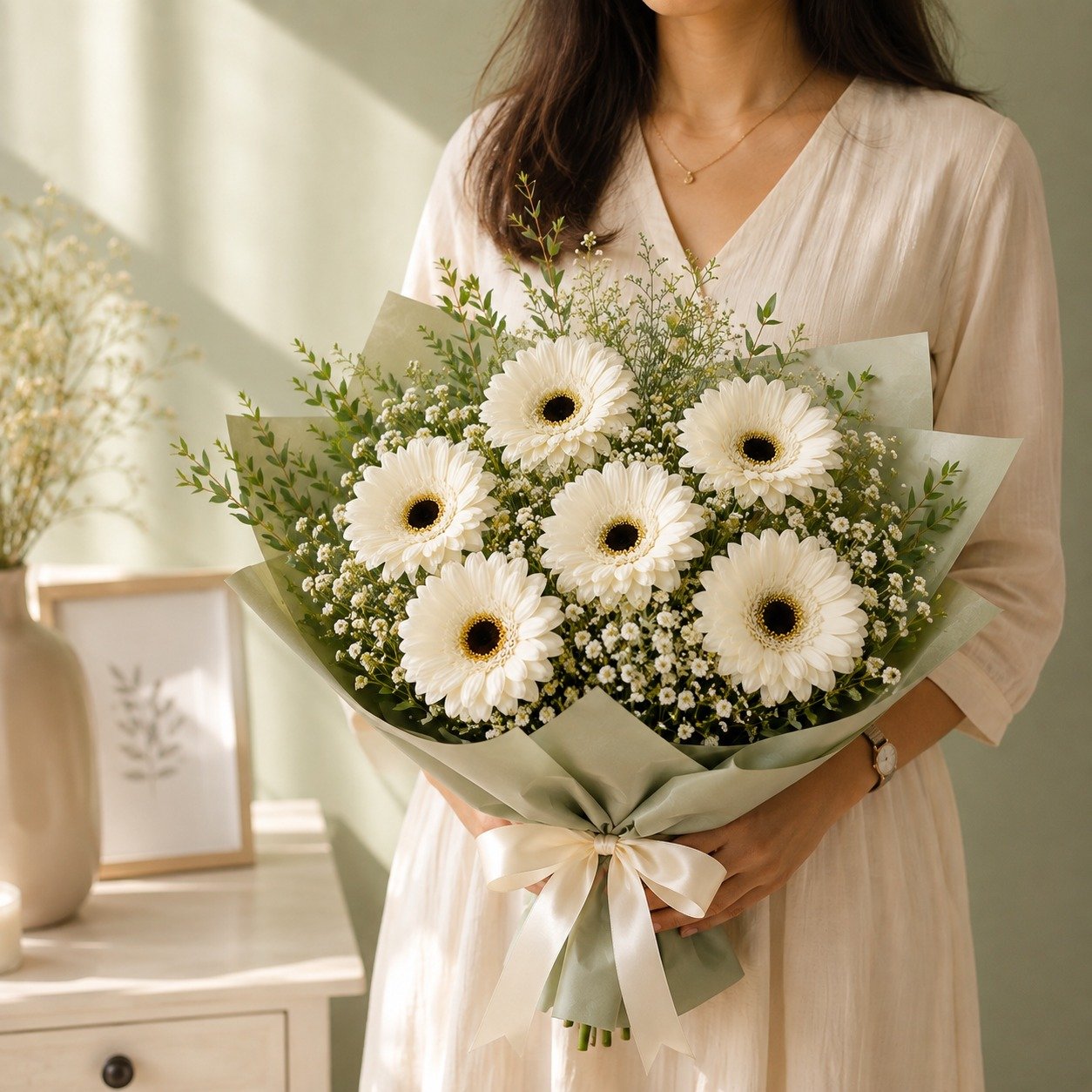 Seven Blooms of Serenity – 7 White Gerberas Flat Bouquet 2