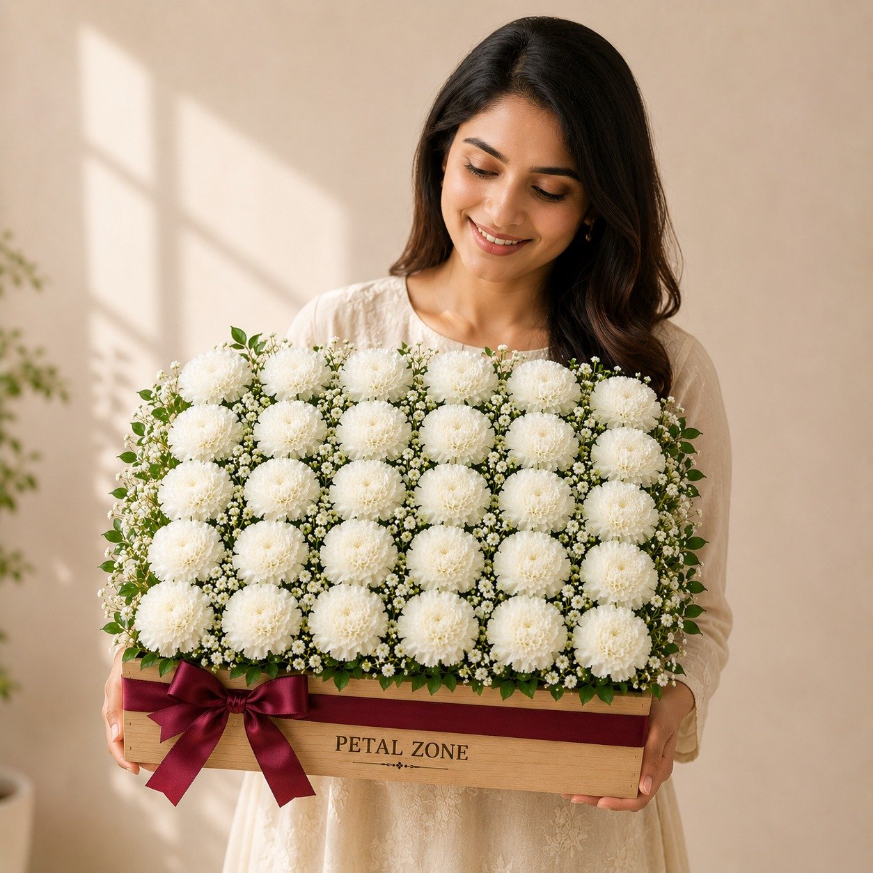 A Garden of White Grace – 25 White Carnations Wooden Tray 2