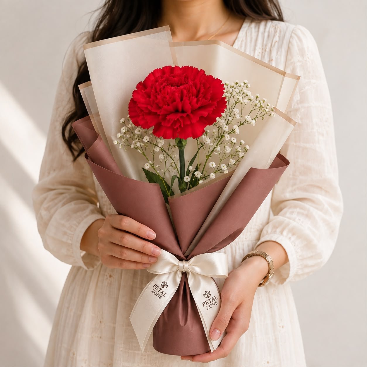 A Crimson Whisper – Single Red Carnation Flat Bouquet 2