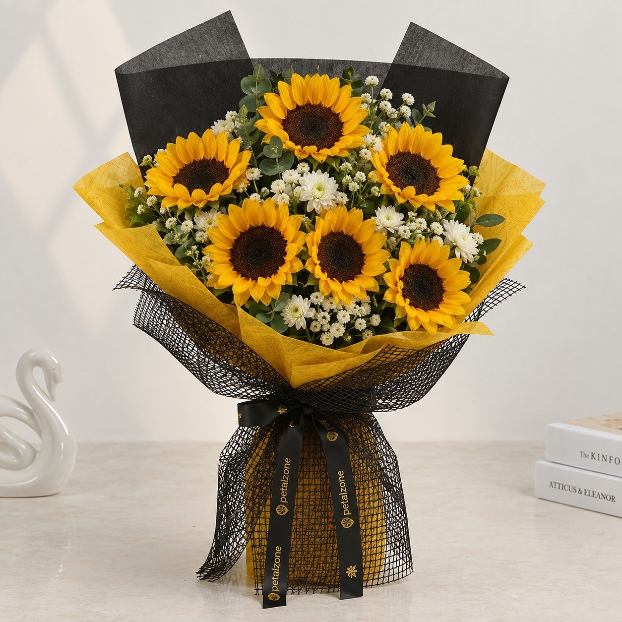 Sunshine Charm – 6 Sunflower Flat Bouquet 3
